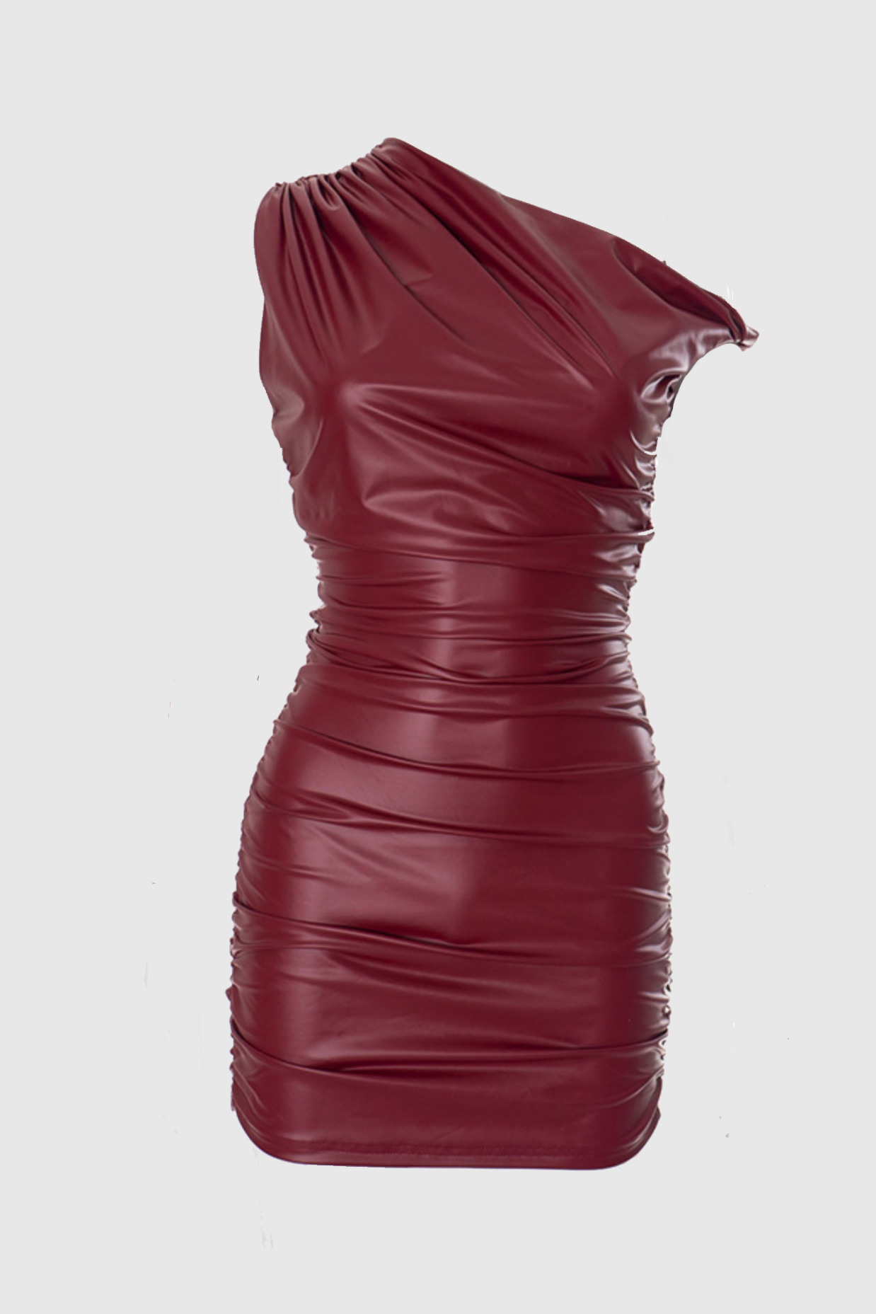 KADWYN RUCHED ASYMMETRIC FAUX LEATHER MINI DRESS RED