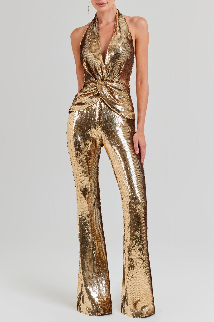 GOLD SEQUIN HALTER FLARED JUMPSUIT FOR PARTY