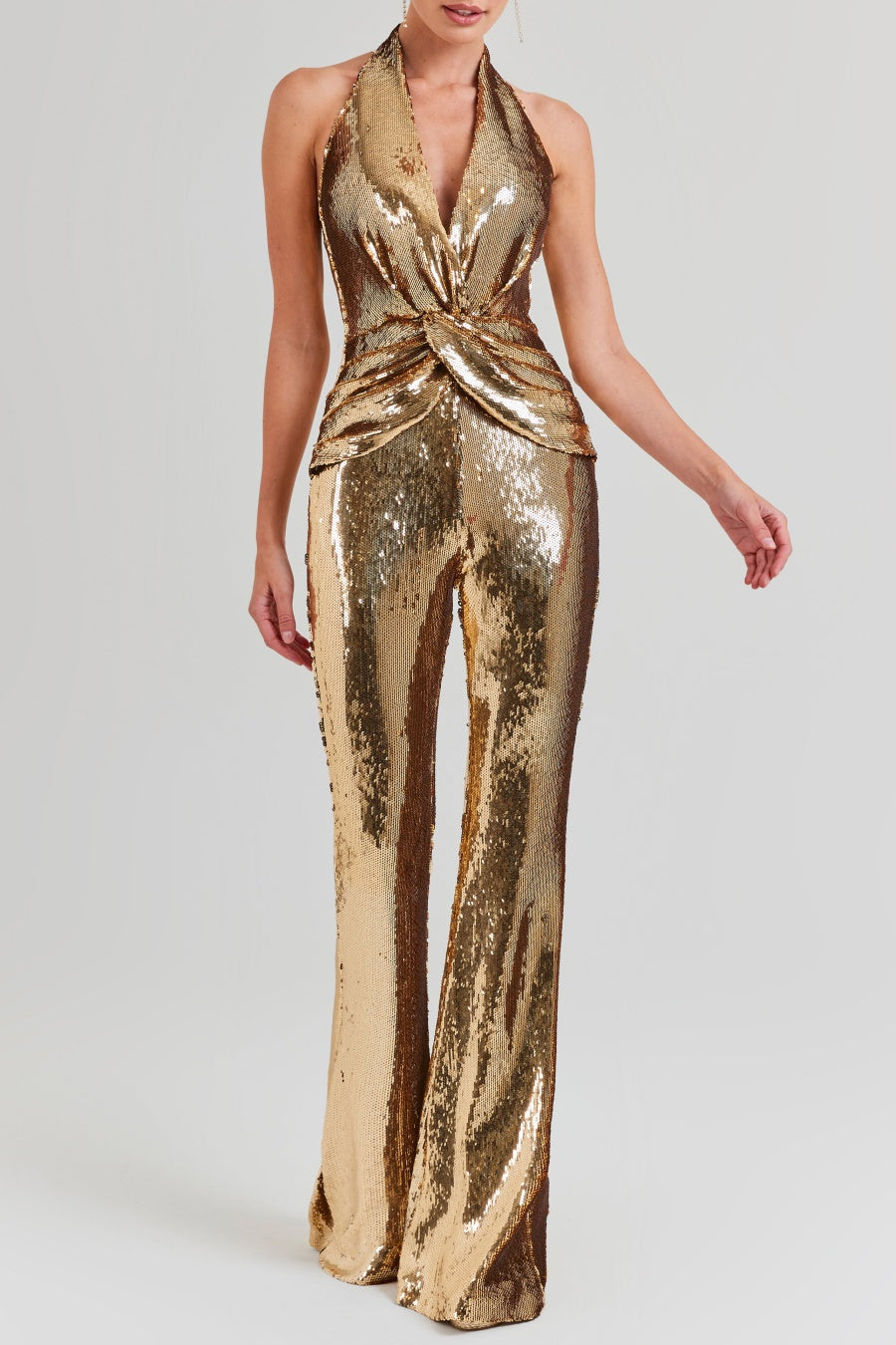 GOLD SEQUIN HALTER FLARED JUMPSUIT FOR PARTY
