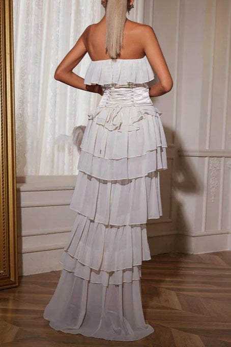 STRAPLESS RUCHED MESH WHITE MAXI DRESS