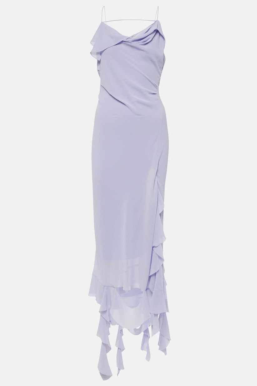 KENZIA ASYMMETRIC RUFFLE MIDI DRESS PURPLE