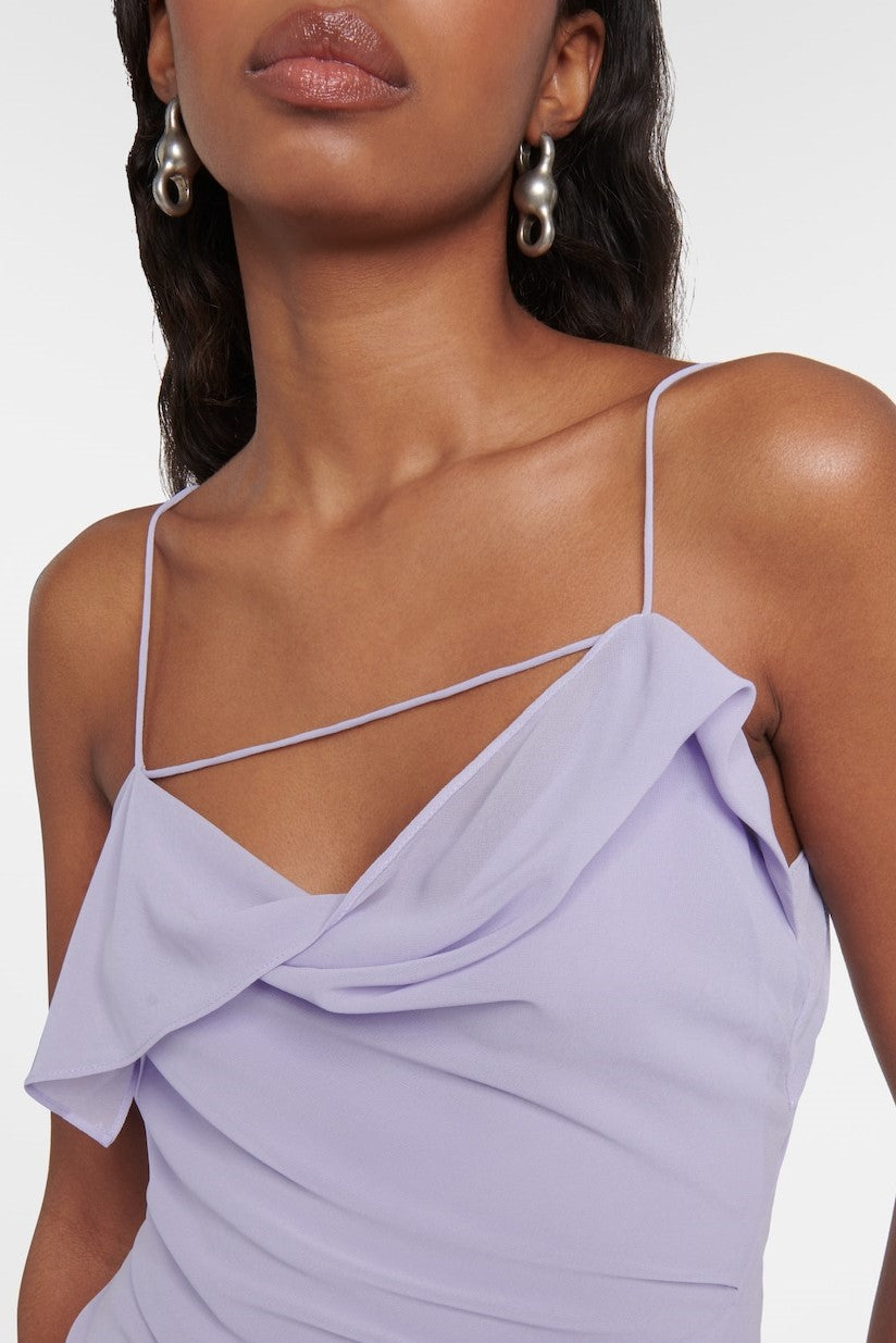 KENZIA ASYMMETRIC RUFFLE MIDI DRESS PURPLE