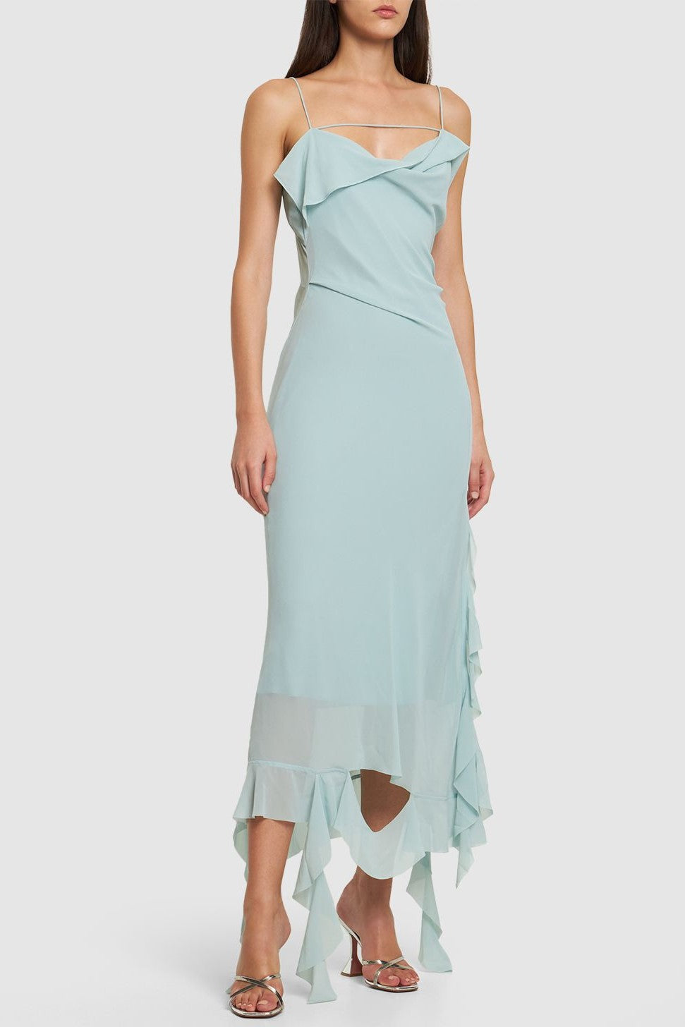 KENZIA ASYMMETRIC RUFFLE MIDI DRESS GREEN