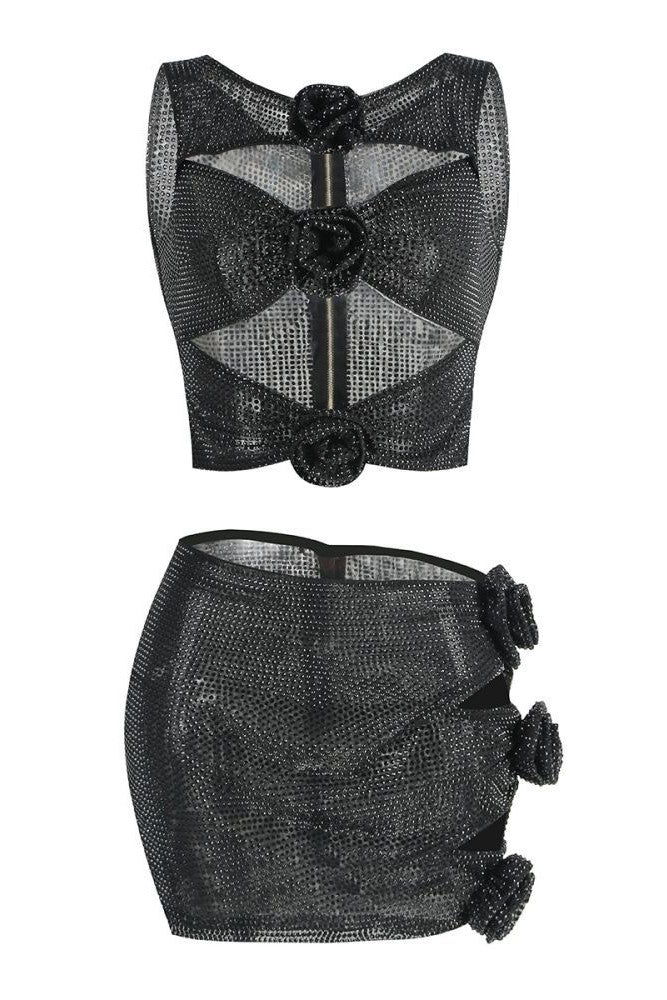 KHLOE CRYSTAL FLOWER TWO PIECE SET BLACK