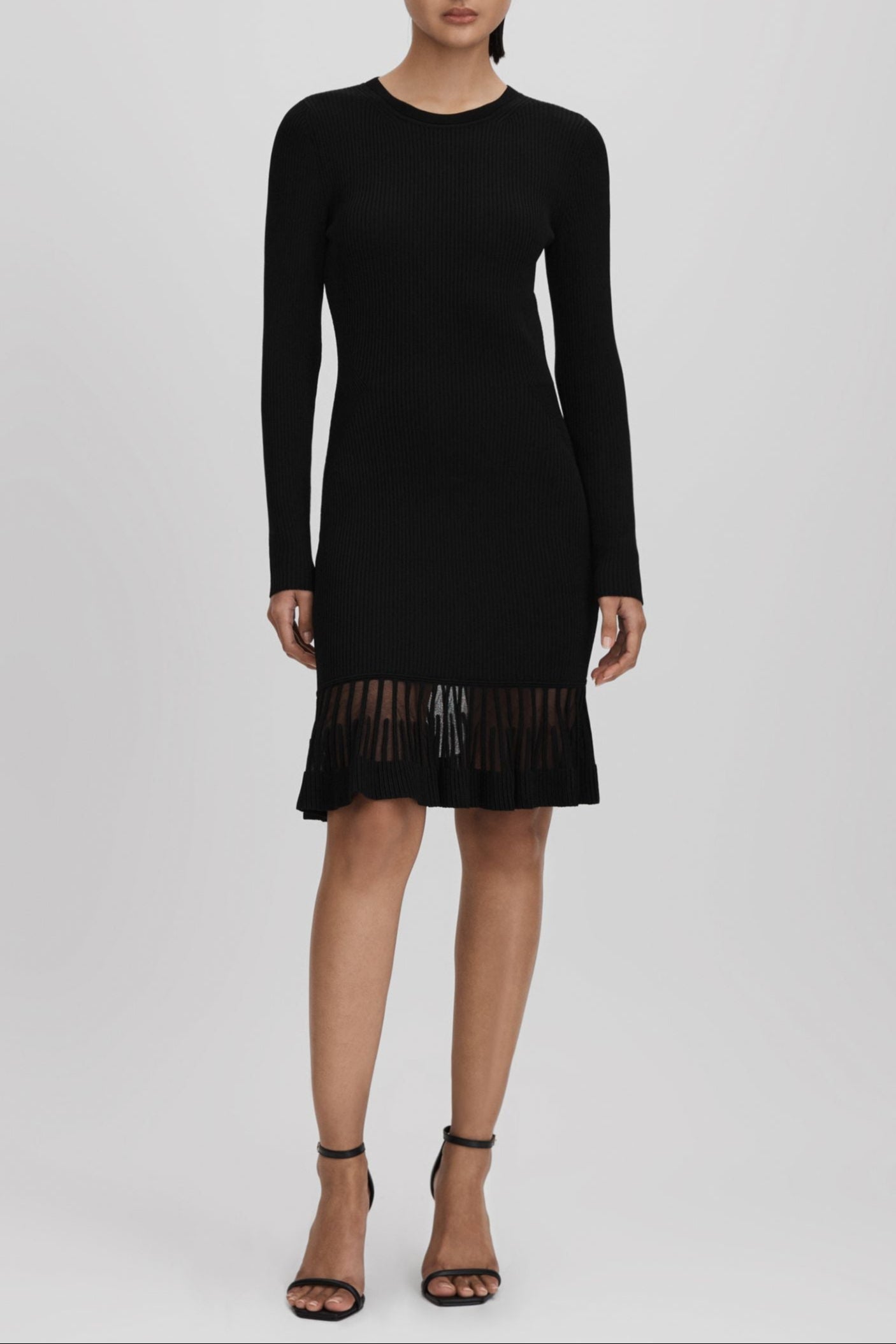 KNITTED SHEER FLARE MINI DRESS, BLACK