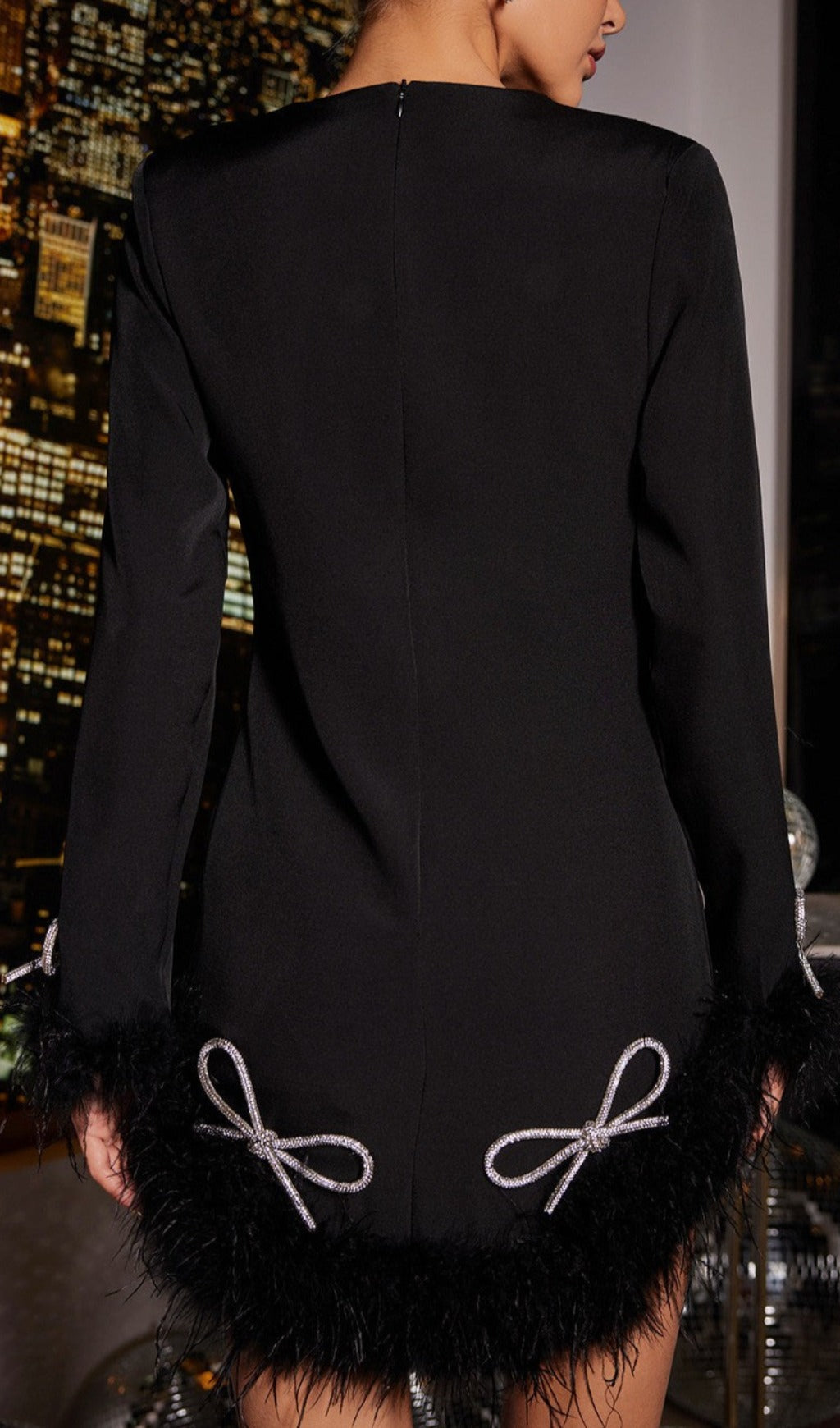 CRYSTAL FEATHER BOW DRESS | LONG SLEEVE FORMAL GOWN