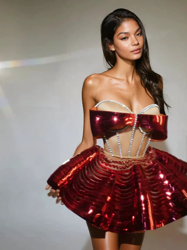 RED METALLIC CRYSTAL SKIRT SET FOR PARTY