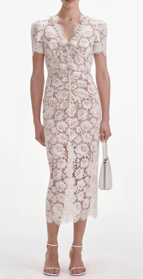 Crystal Bow Detailed V Neck Lace Midi Design Dress