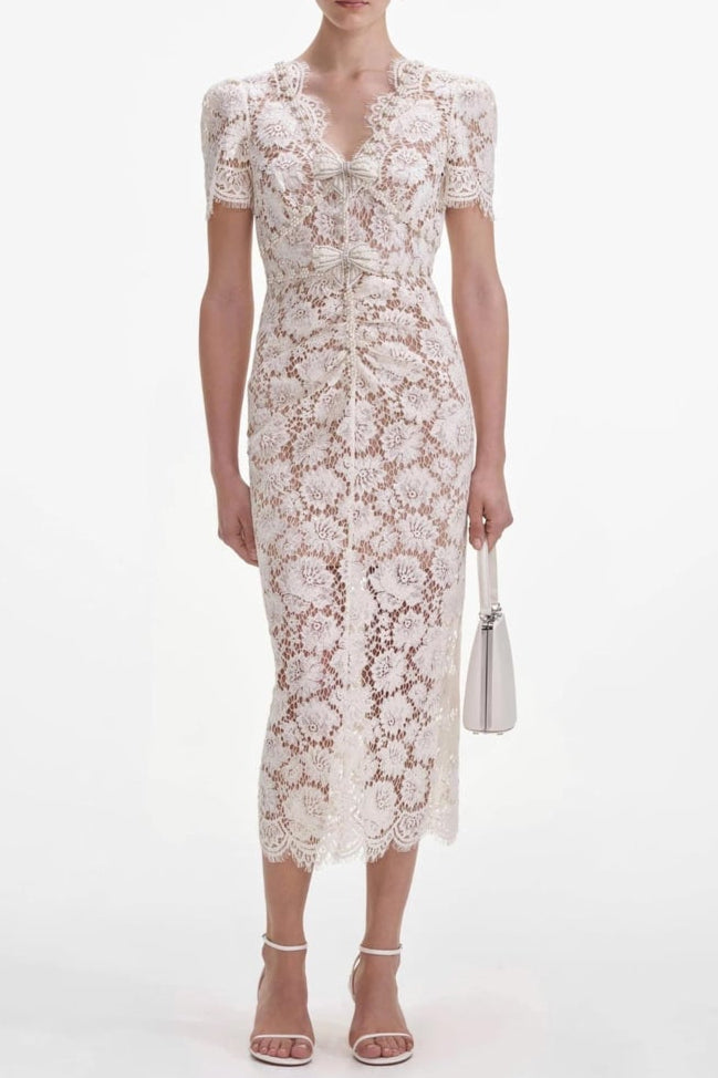KristalFiyonkDetayliVYakaDantelMidiTasarimElbise CRYSTAL BOW V-NECK LACE MIDI DRESS