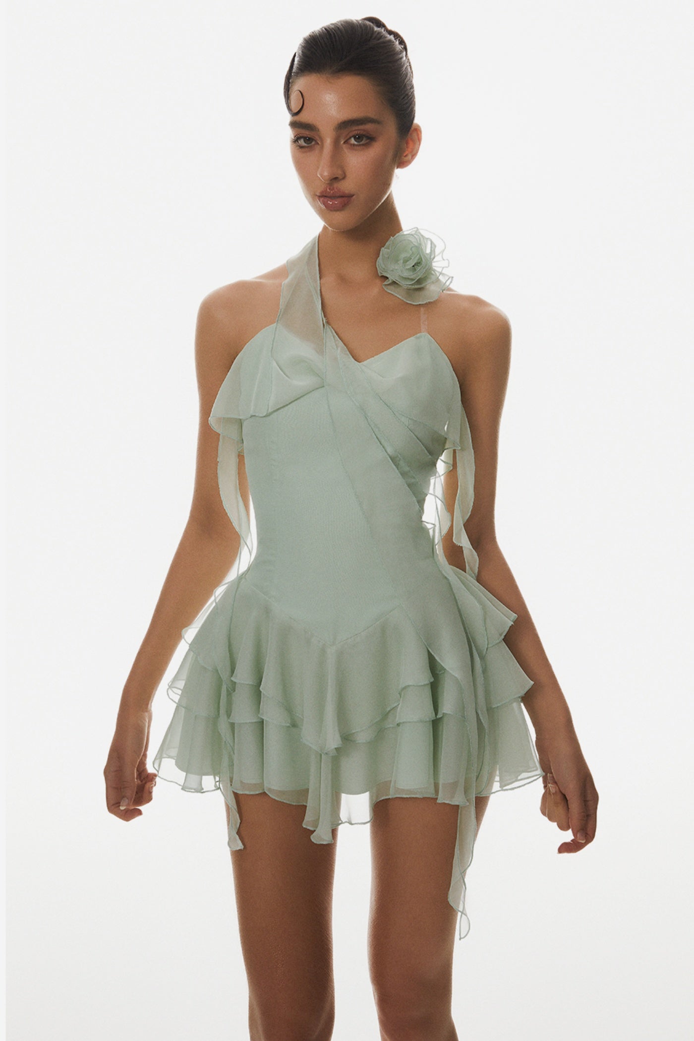FRESH FLORAL RUFFLE HALTER MINI DRESS - GREEN