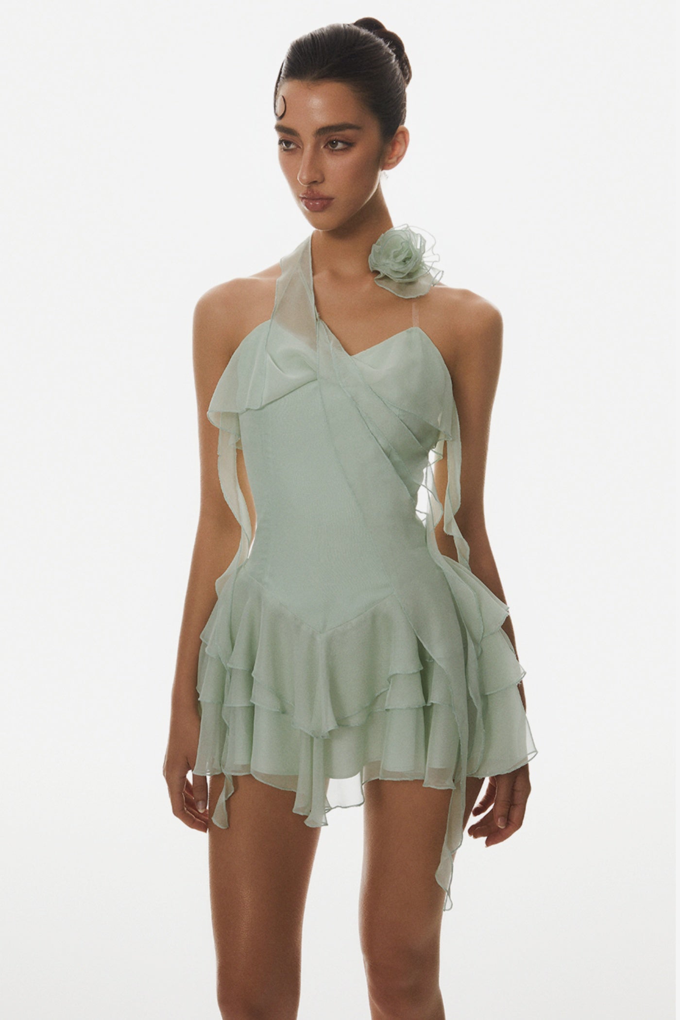 FRESH FLORAL RUFFLE HALTER MINI DRESS - GREEN