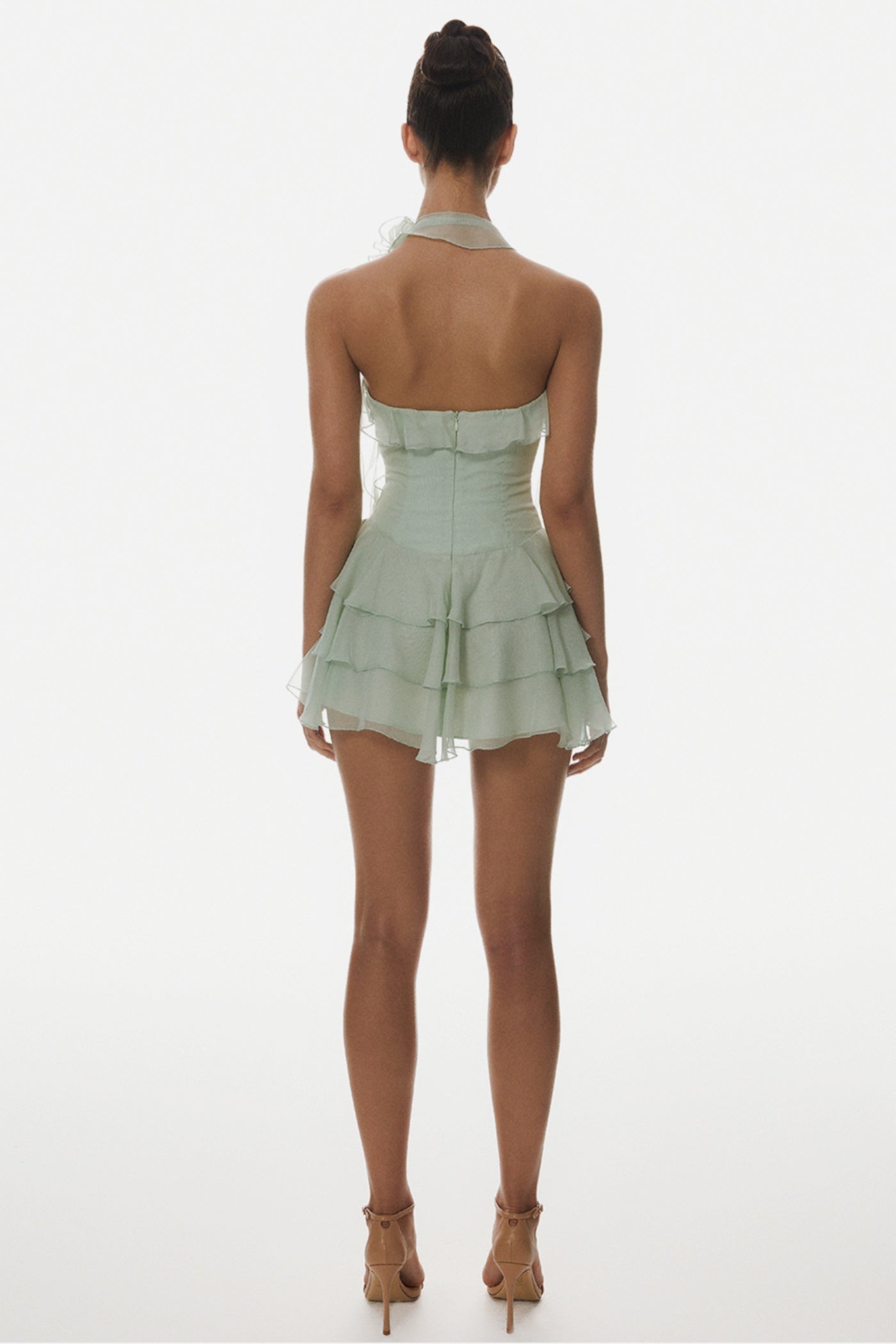 FRESH FLORAL RUFFLE HALTER MINI DRESS - GREEN