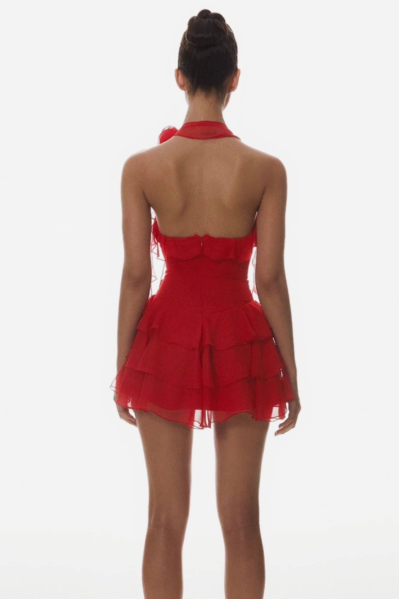 KYRIE HALTER FLORAL RUFFLE MINI DRESS - RED