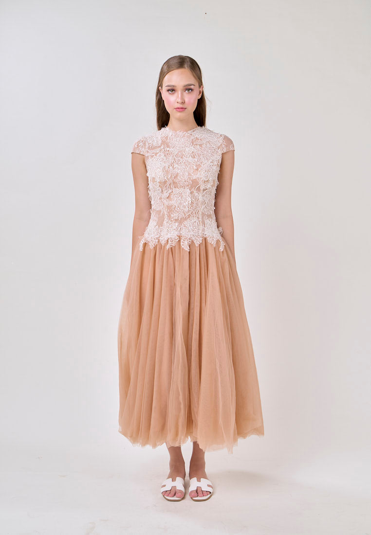 BROWN SEQUIN LACE MESH MAXI DRESS FOR EVENING
