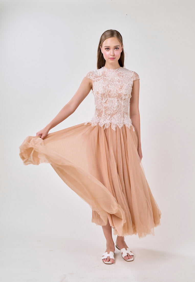 BROWN SEQUIN LACE MESH MAXI DRESS FOR EVENING