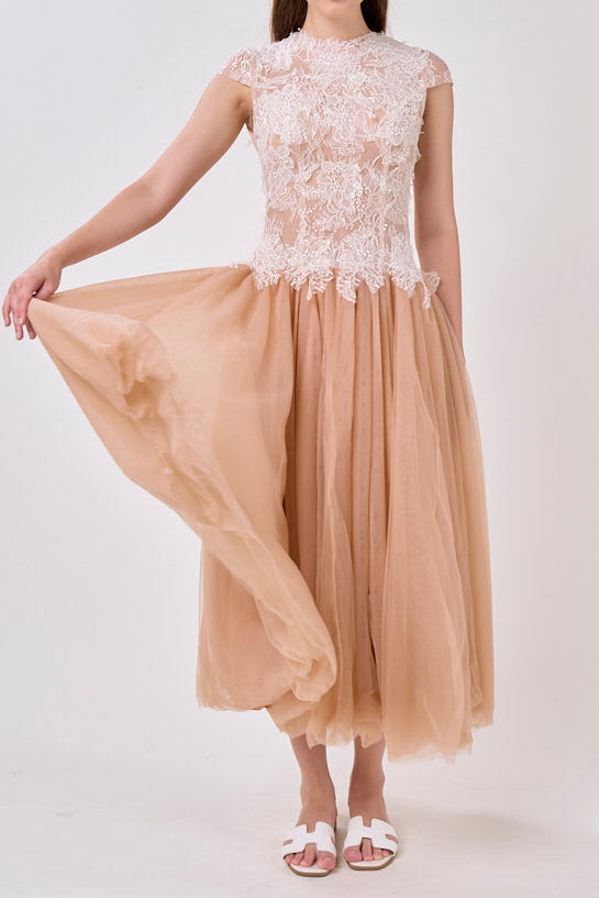 BROWN SEQUIN LACE MESH MAXI DRESS FOR EVENING
