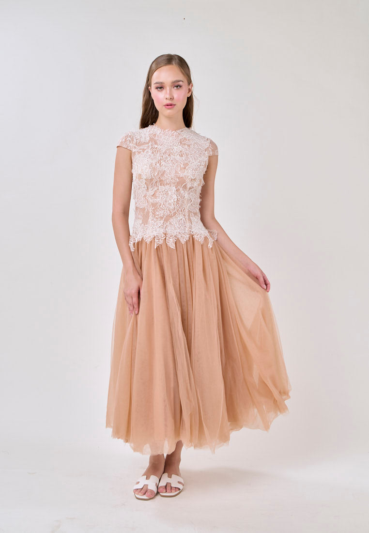 BROWN SEQUIN LACE MESH MAXI DRESS FOR EVENING
