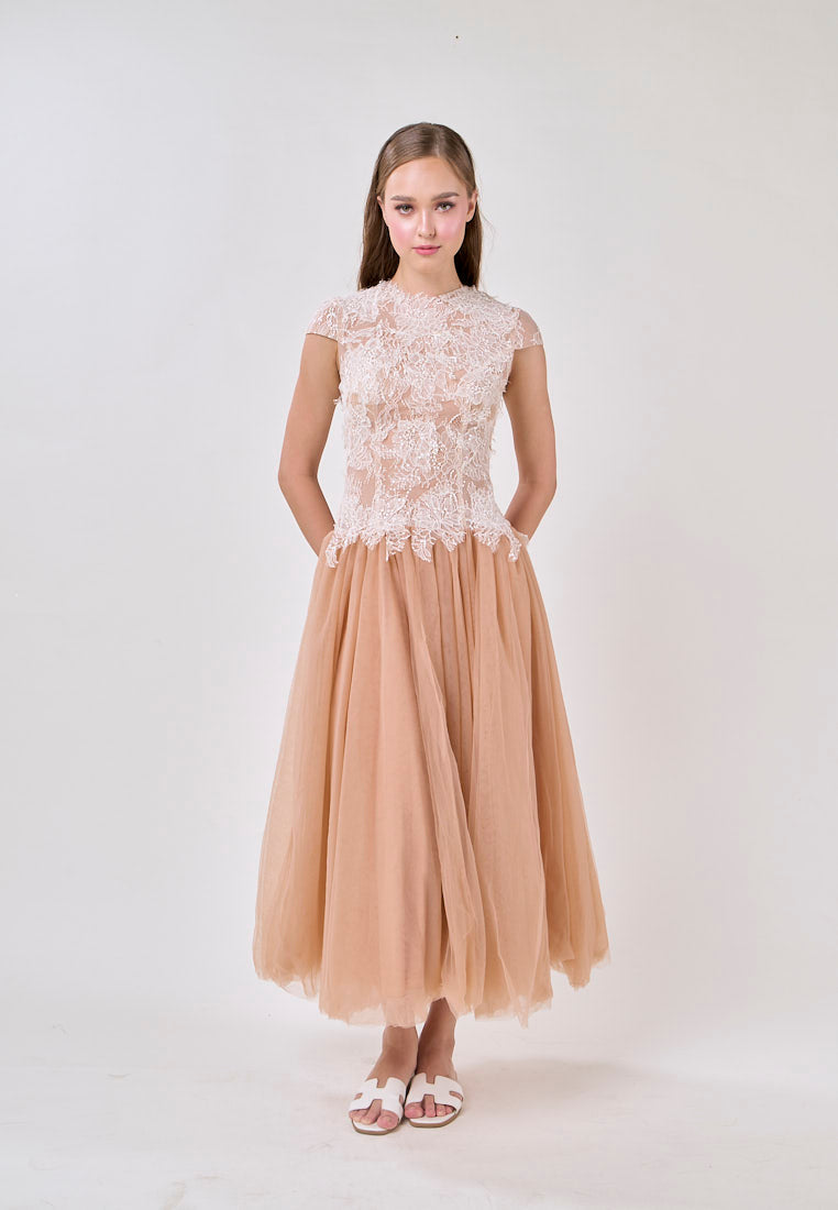 BROWN SEQUIN LACE MESH MAXI DRESS FOR EVENING