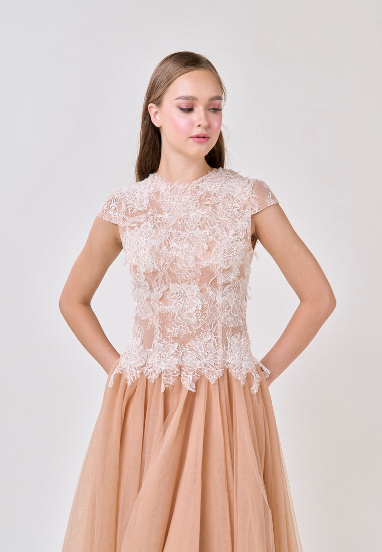 BROWN SEQUIN LACE MESH MAXI DRESS FOR EVENING