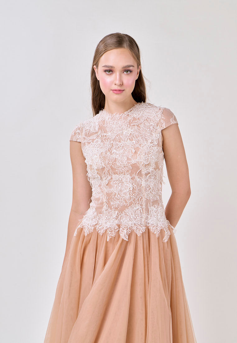 BROWN SEQUIN LACE MESH MAXI DRESS FOR EVENING