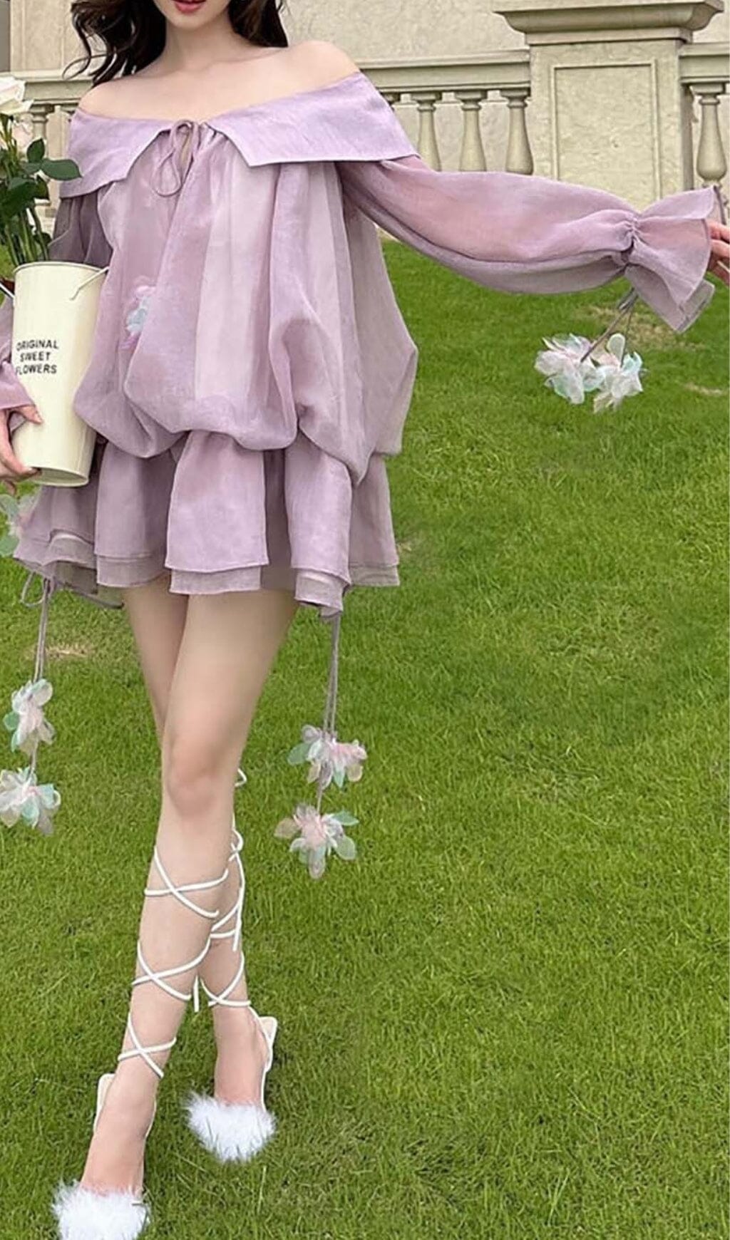 LACE COLD-SHOULDER PURPLE MINI PARTY DRESS