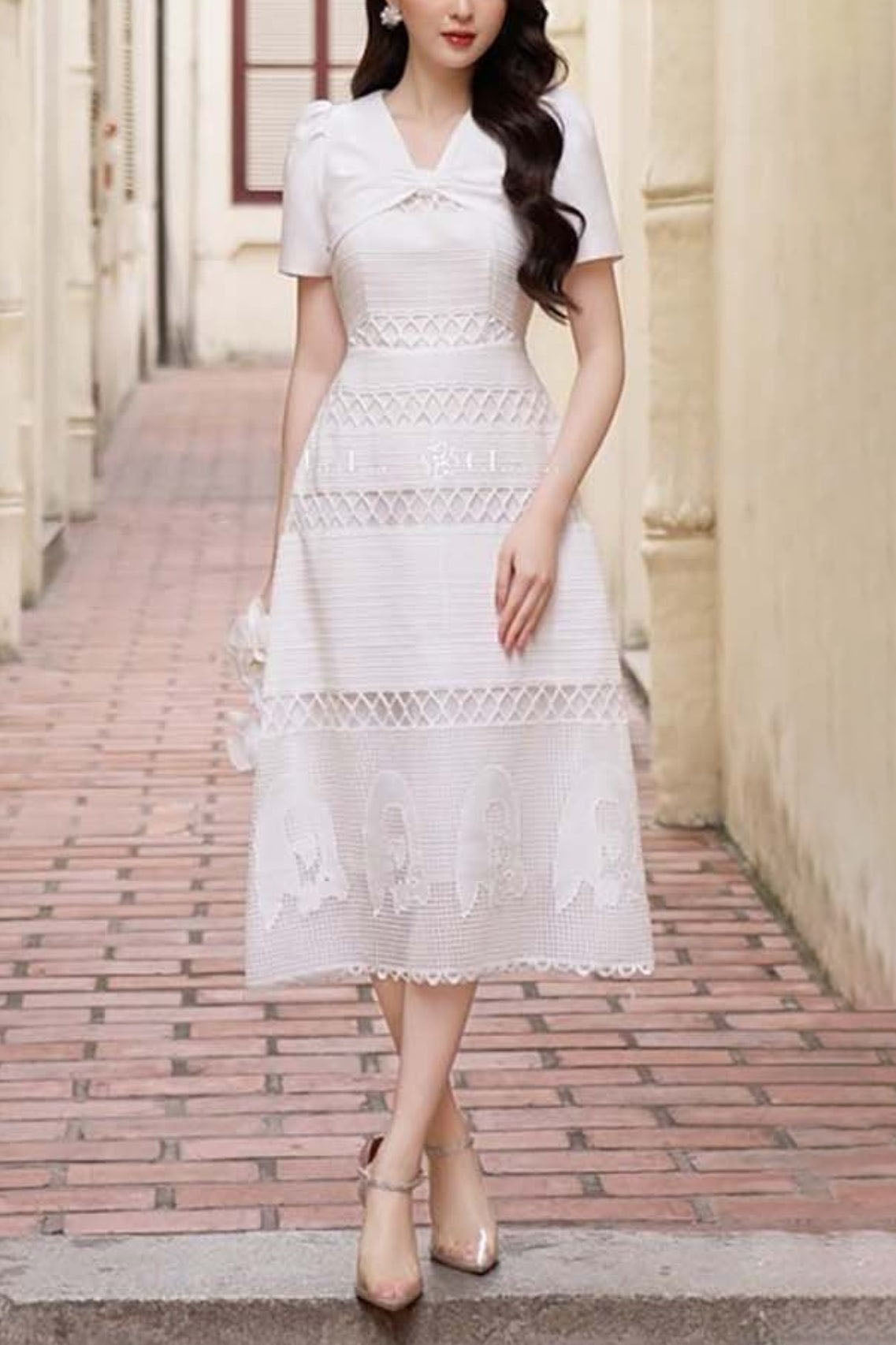 LACE-EMBROIDERY-MIDI-DRESS-IN-WH LACE EMBROIDERY WHITE MIDI DRESS FOR WEDDING GUEST