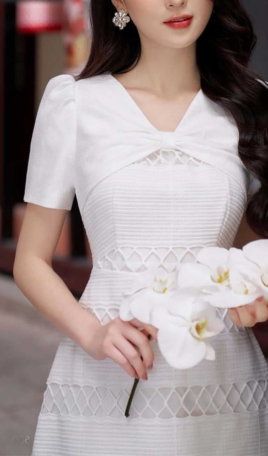 LACE EMBROIDERY WHITE MIDI DRESS FOR WEDDING GUEST