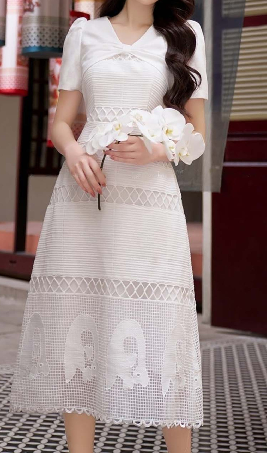 LACE EMBROIDERY WHITE MIDI DRESS FOR WEDDING GUEST