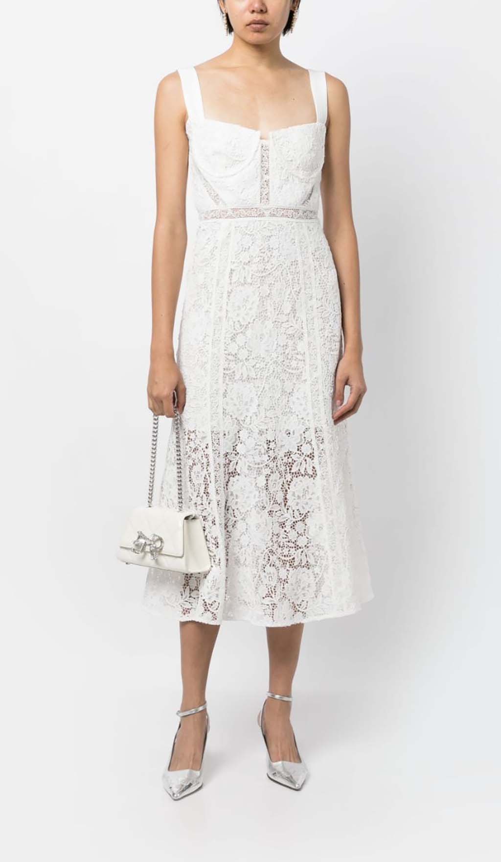 LACE STRAP MIDI DRESS, WHITE WEDDING GUEST