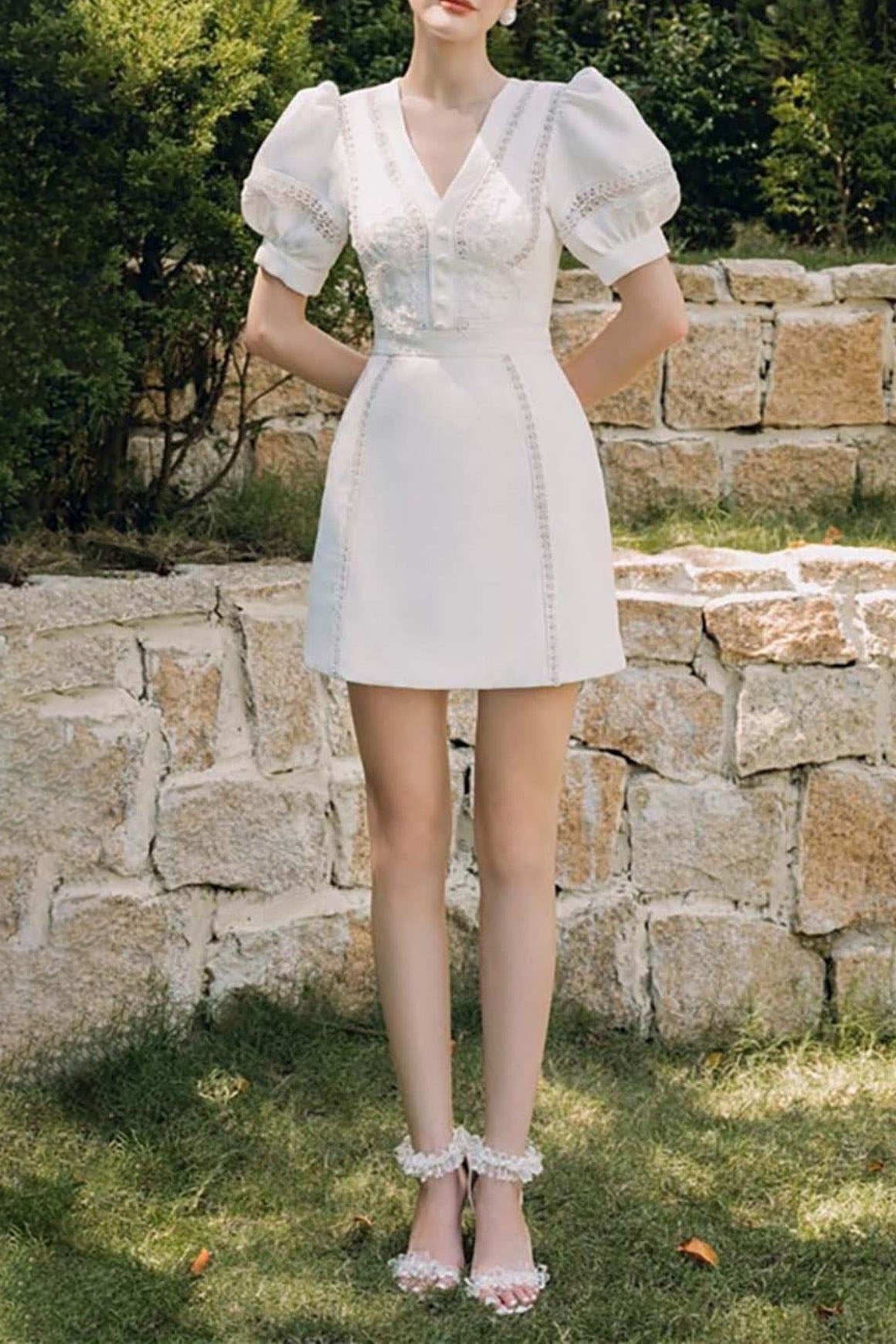 LACE PUFF SLEEVE MIDI DRESS WHITE WEDDING GUEST