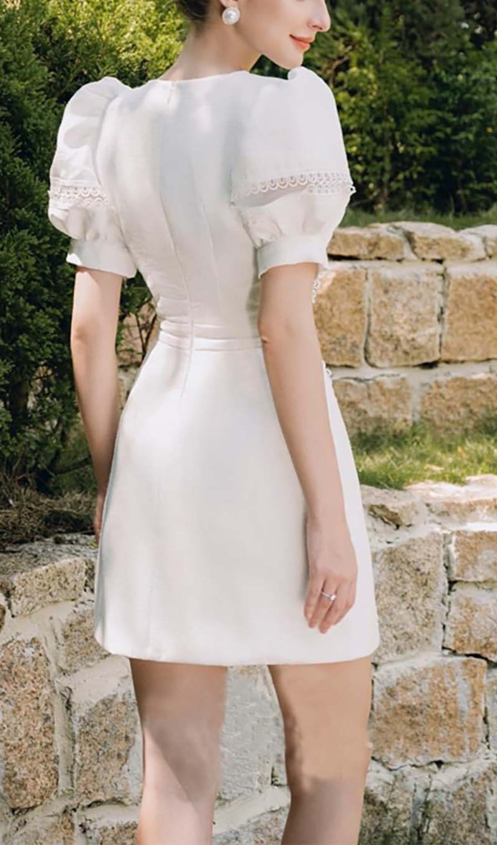 LACE PUFF SLEEVE MIDI DRESS WHITE WEDDING GUEST