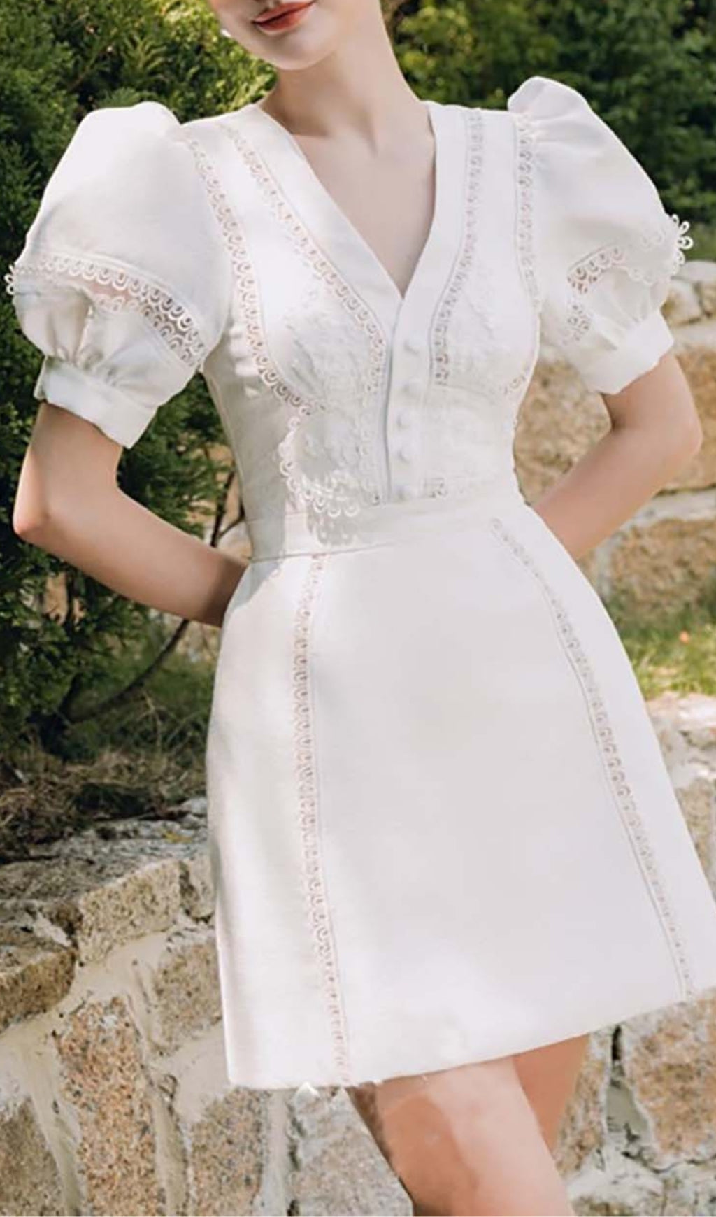 LACE PUFF SLEEVE MIDI DRESS WHITE WEDDING GUEST