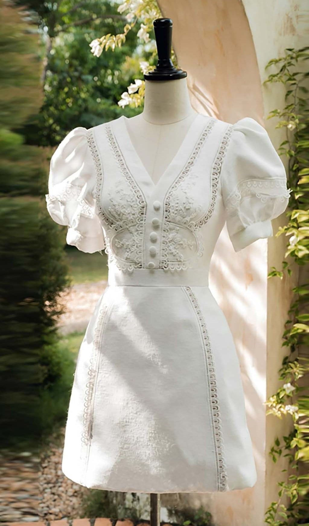LACE PUFF SLEEVE MIDI DRESS WHITE WEDDING GUEST