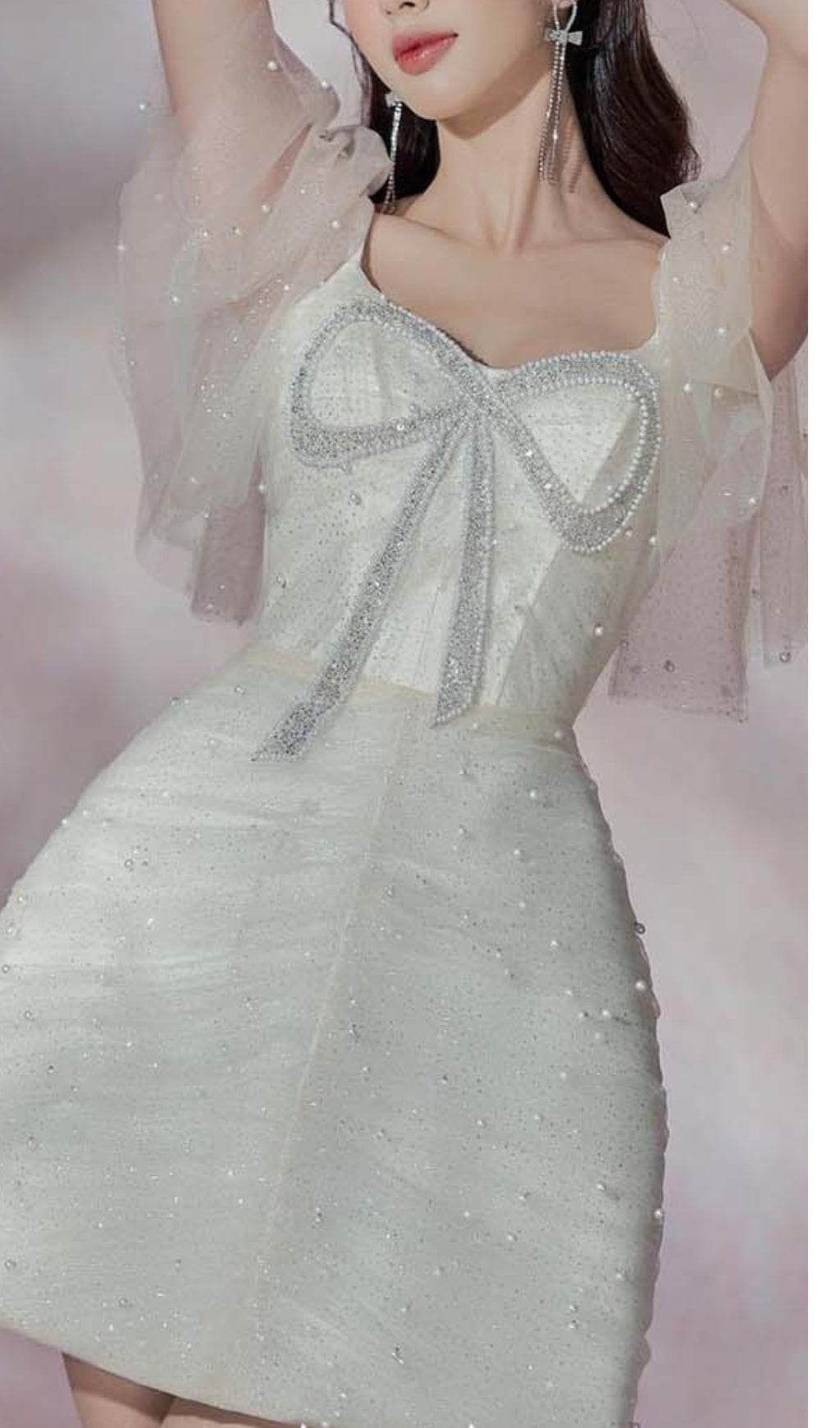 LACE SLEEVE BOW MINI DRESS - WHITE WEDDING PARTY
