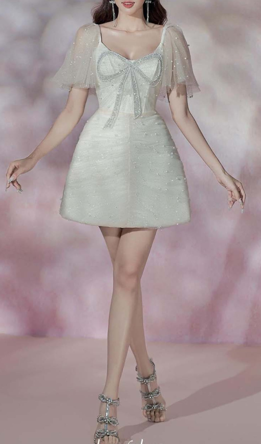LACE SLEEVE BOW MINI DRESS - WHITE WEDDING PARTY