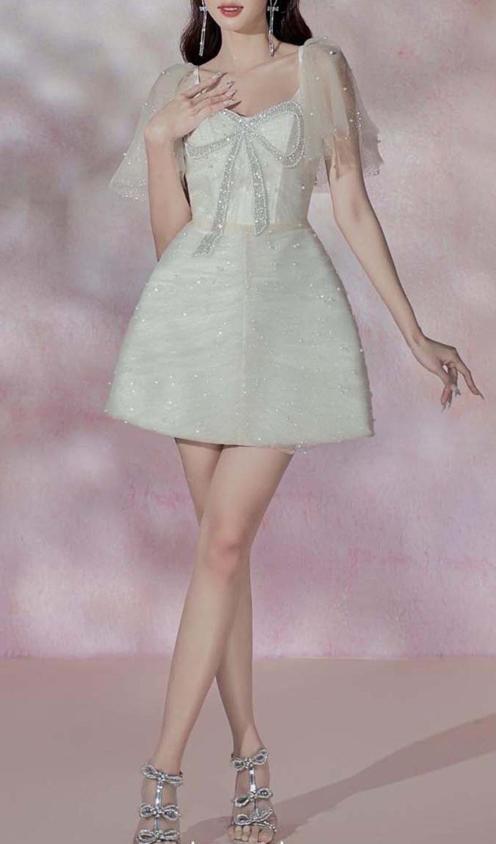 LACE SLEEVE BOW MINI DRESS - WHITE WEDDING PARTY