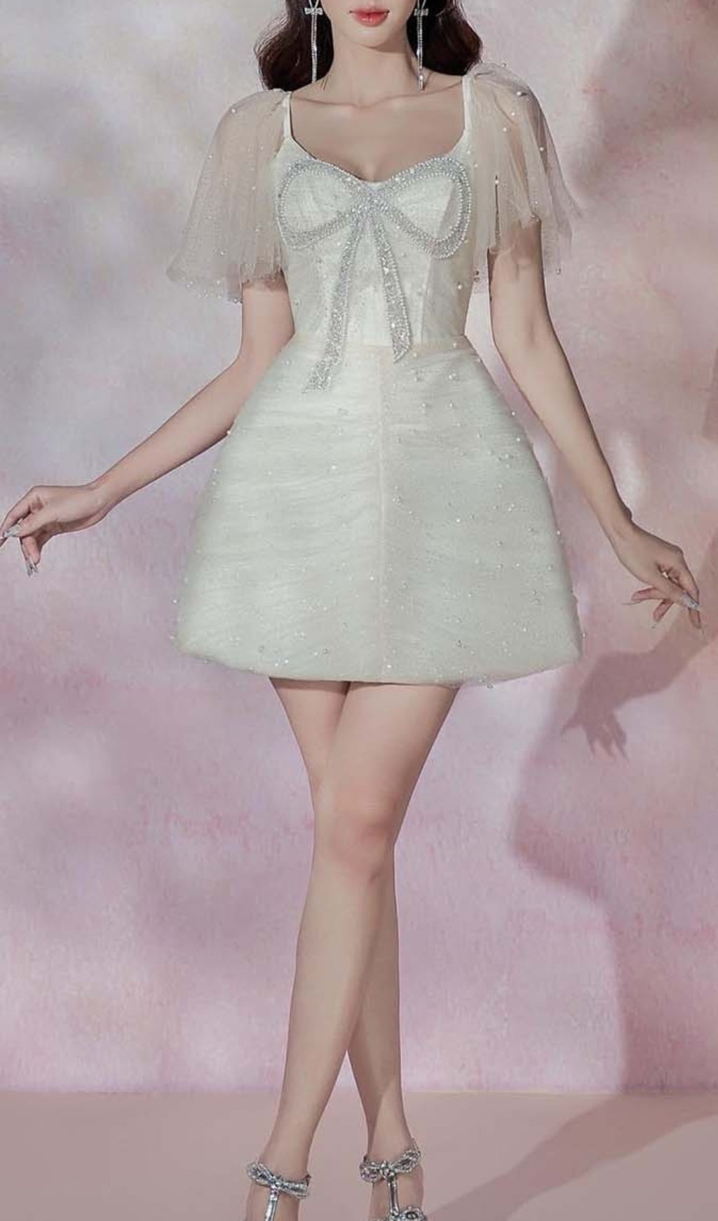 LACE SLEEVE BOW MINI DRESS - WHITE WEDDING PARTY