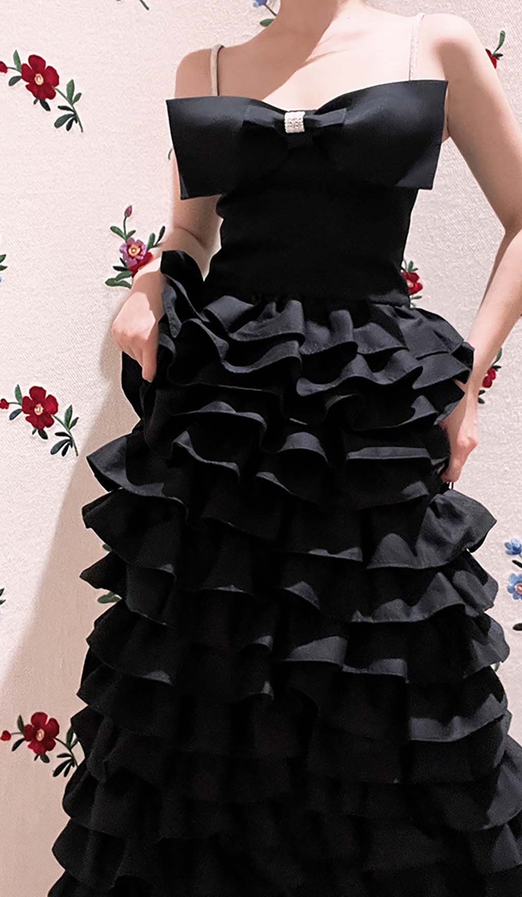 LAYERED BOW MAXI DRESS BLACK FORMAL OCCASION