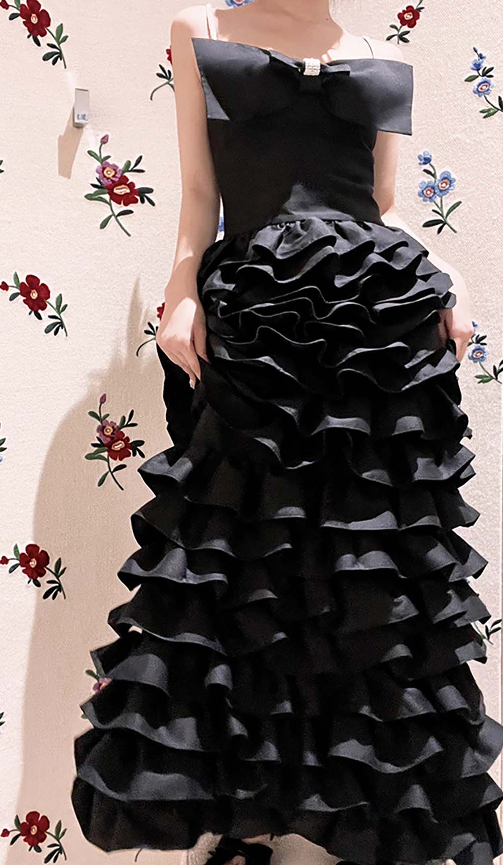 LAYERED BOW MAXI DRESS BLACK FORMAL OCCASION