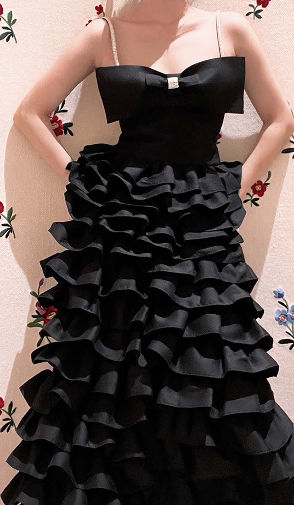 LAYERED BOW MAXI DRESS BLACK FORMAL OCCASION
