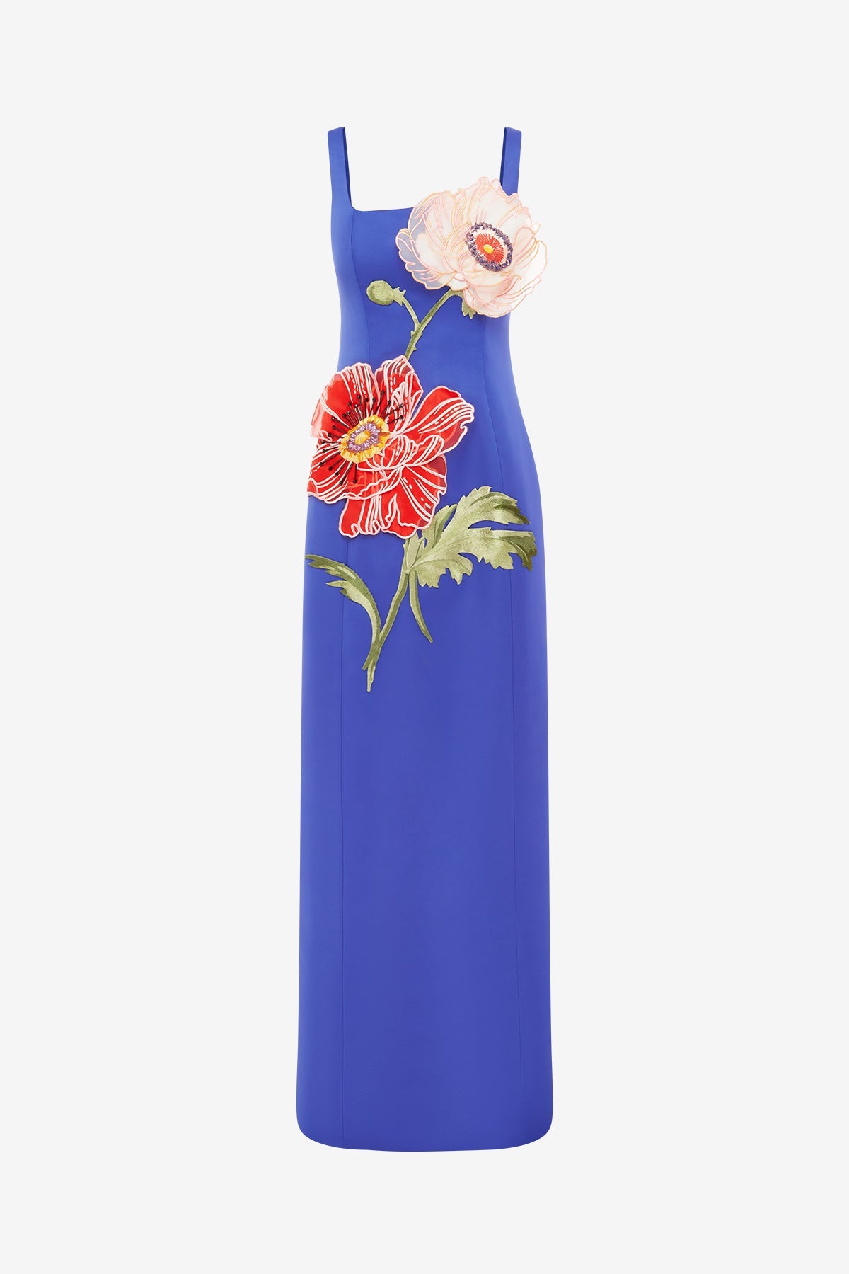 NICOLA SQUARE NECK EMBROIDERED SATIN MAXI DRESS IN BLUE