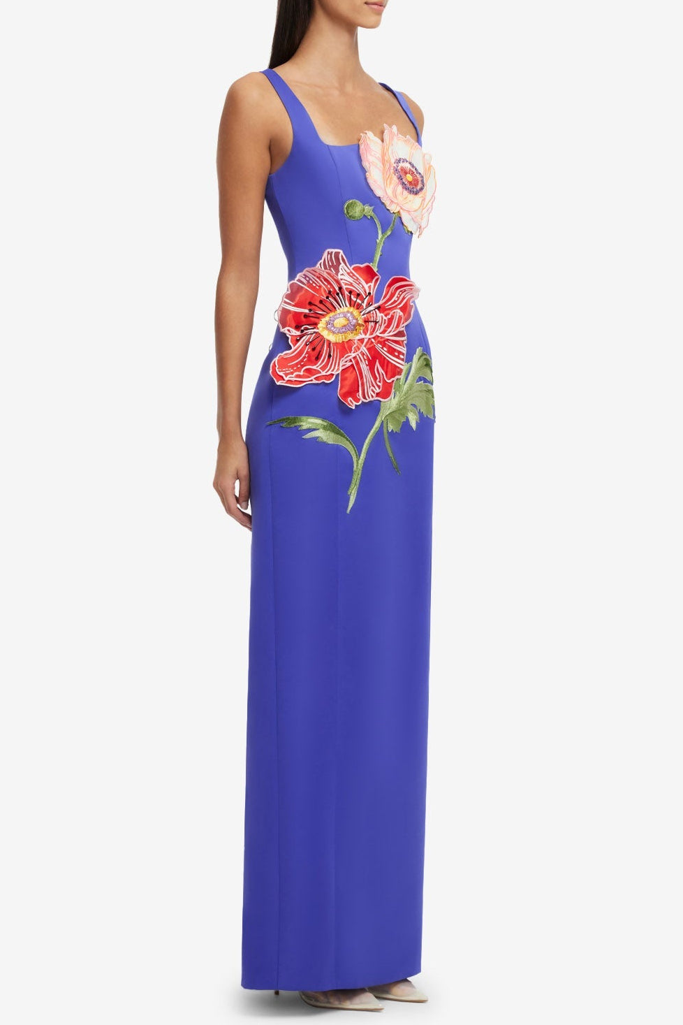 NICOLA SQUARE NECK EMBROIDERED SATIN MAXI DRESS IN BLUE