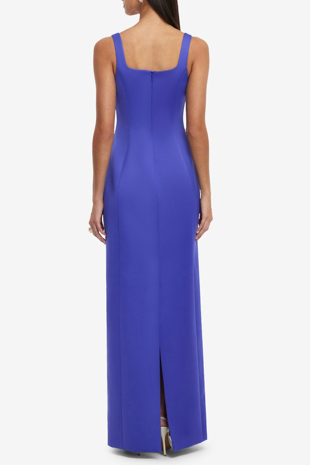 NICOLA SQUARE NECK EMBROIDERED SATIN MAXI DRESS IN BLUE