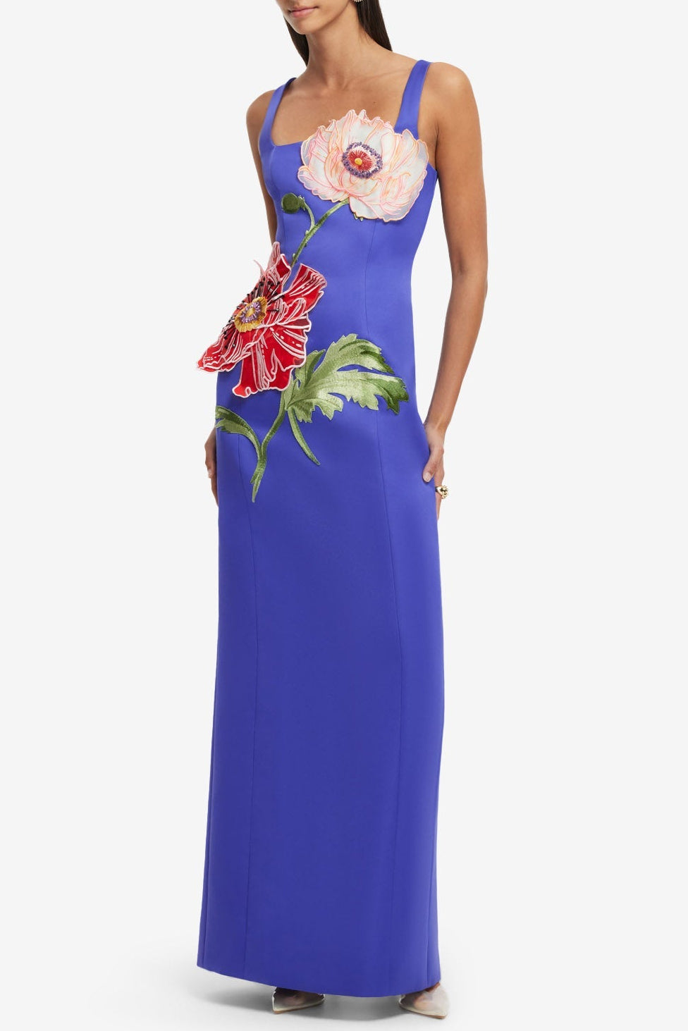 NICOLA SQUARE NECK EMBROIDERED SATIN MAXI DRESS IN BLUE