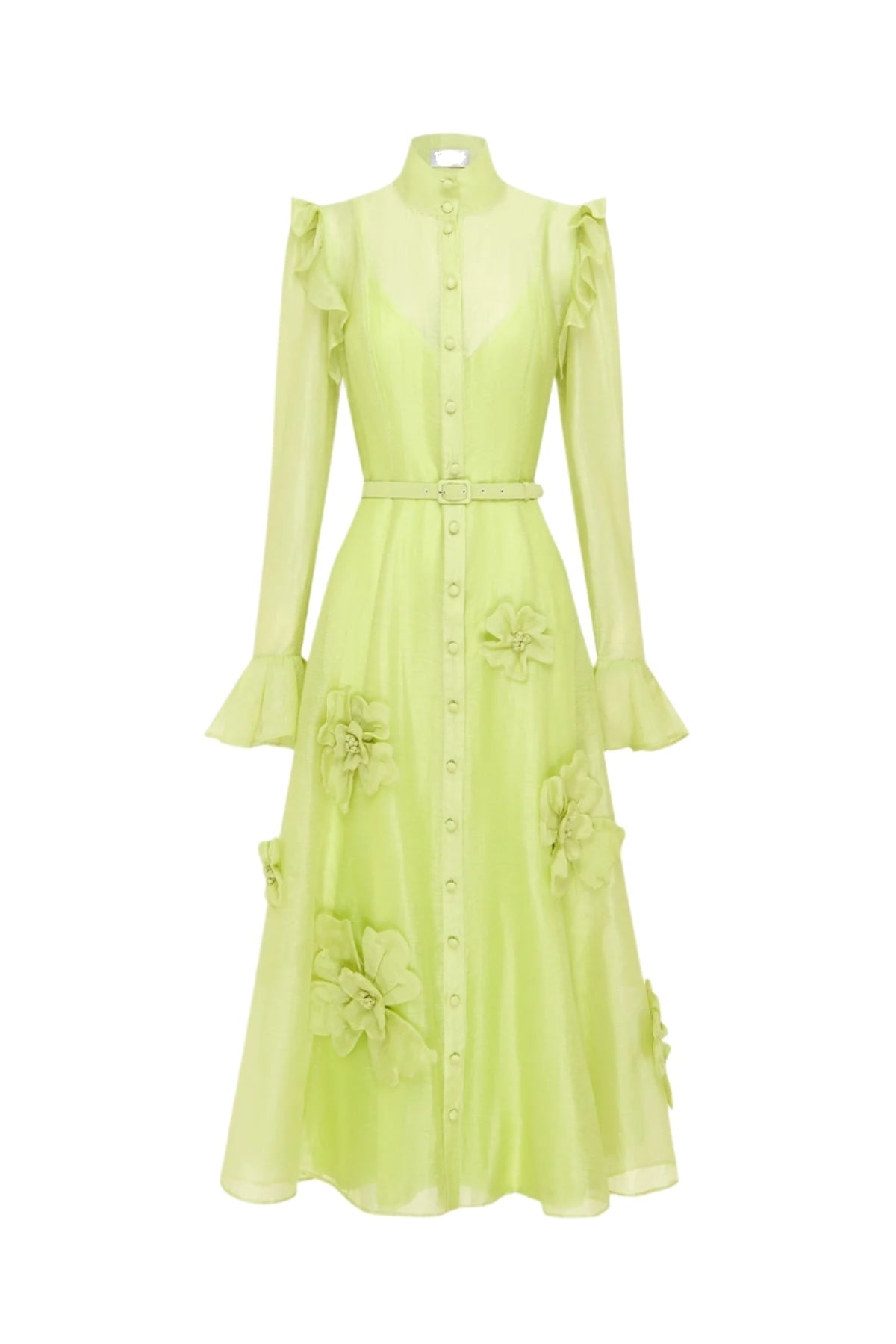 3D FLOWER BUTTERFLY SLEEVE MIDI DRESS CHARTREUSE