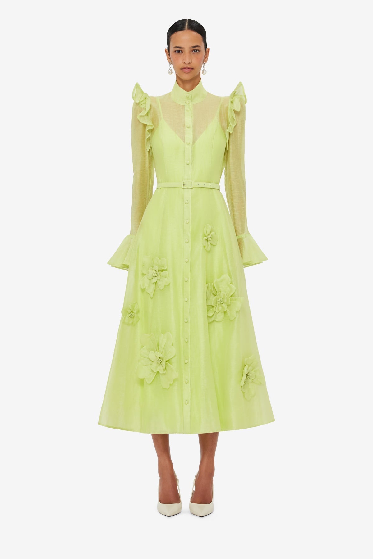 3D FLOWER BUTTERFLY SLEEVE MIDI DRESS CHARTREUSE
