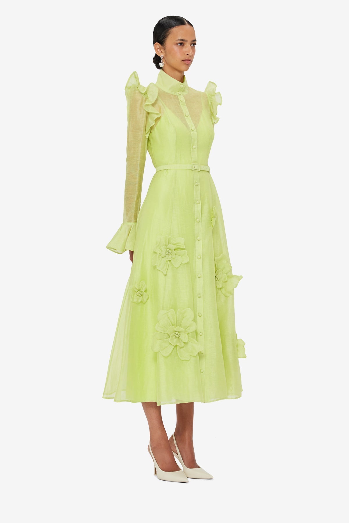 3D FLOWER BUTTERFLY SLEEVE MIDI DRESS CHARTREUSE
