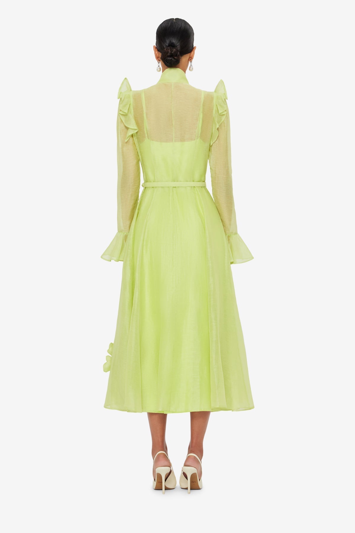 3D FLOWER BUTTERFLY SLEEVE MIDI DRESS CHARTREUSE