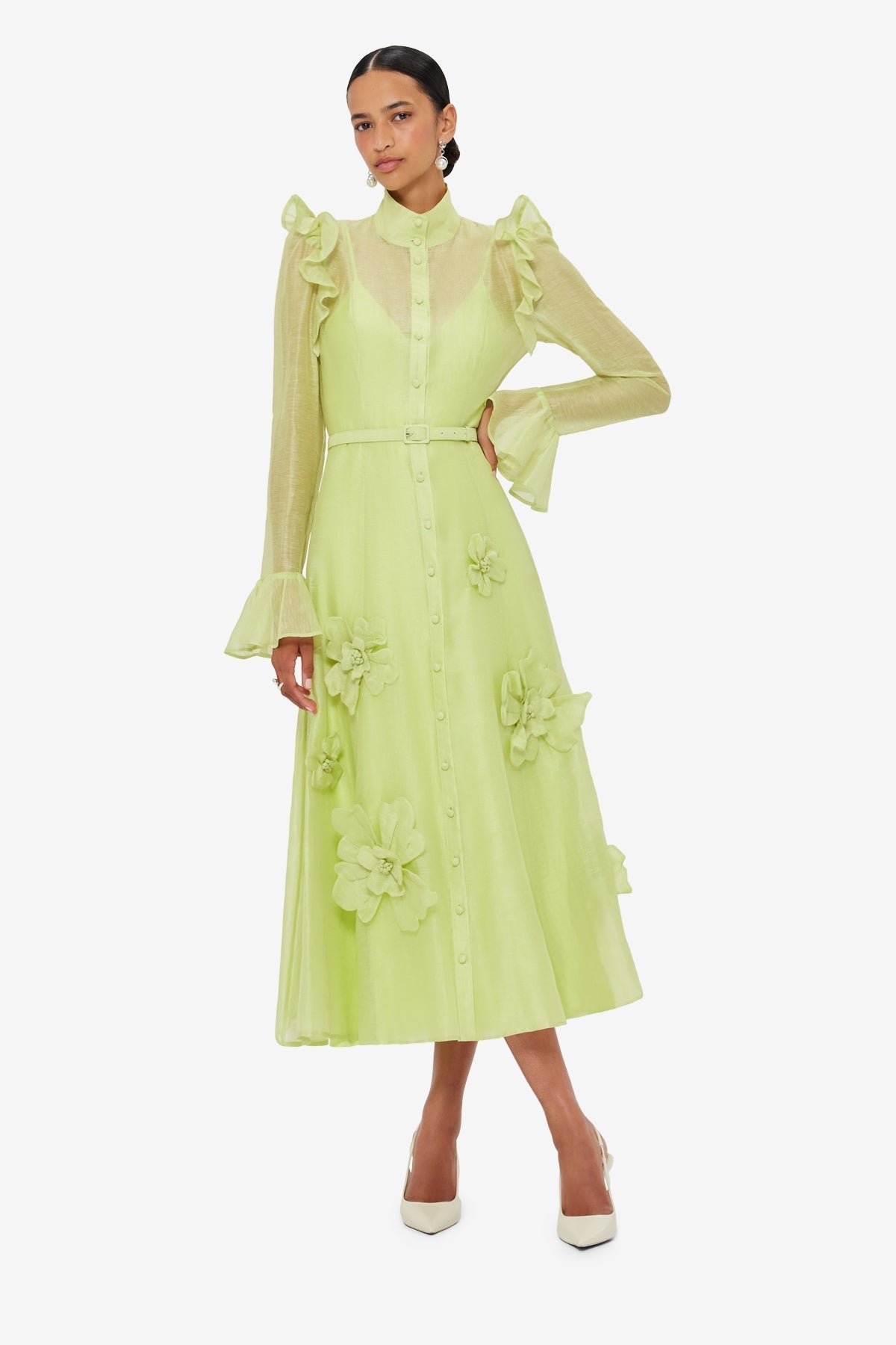 3D FLOWER BUTTERFLY SLEEVE MIDI DRESS CHARTREUSE