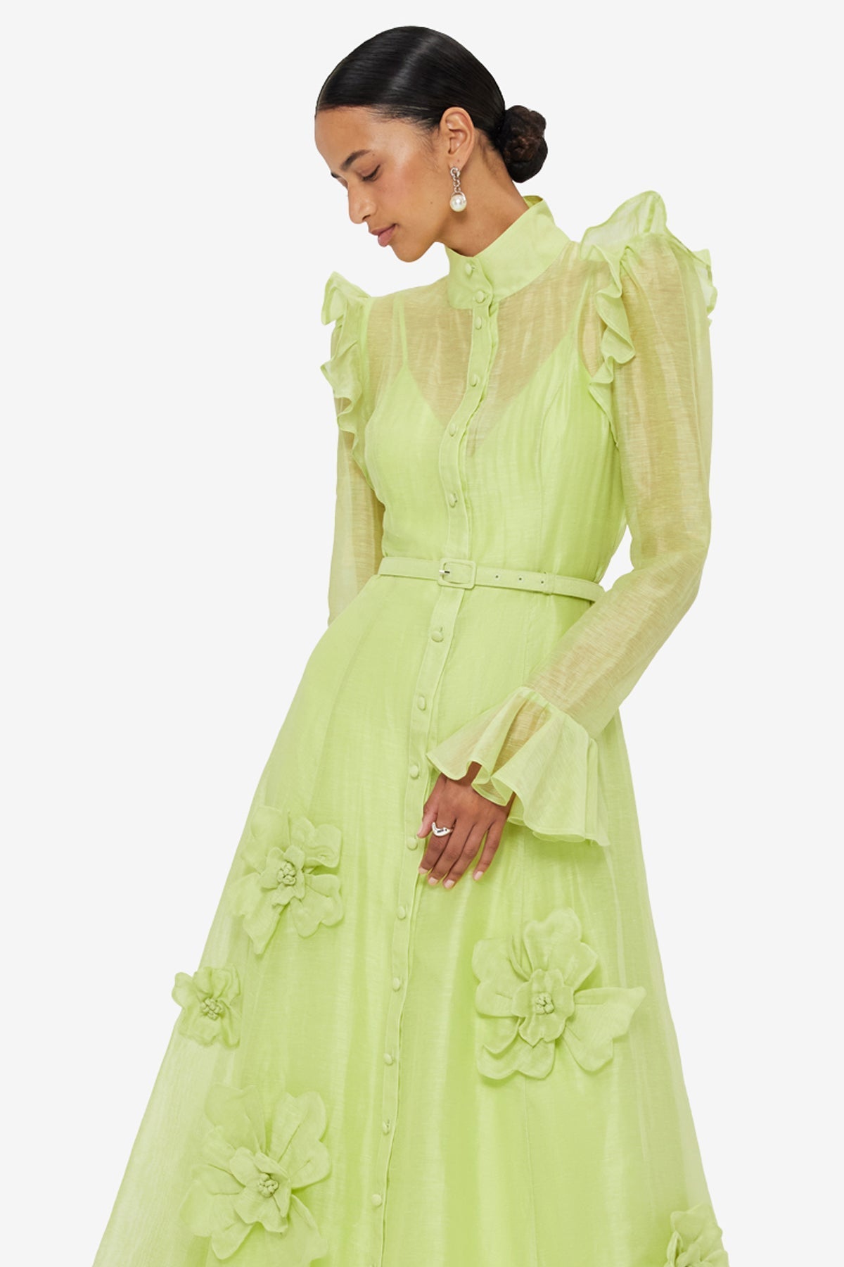 3D FLOWER BUTTERFLY SLEEVE MIDI DRESS CHARTREUSE